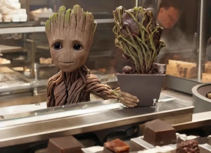 Prompt: film still of Groot working as a chocolatier in the new Avengers movie, 4k