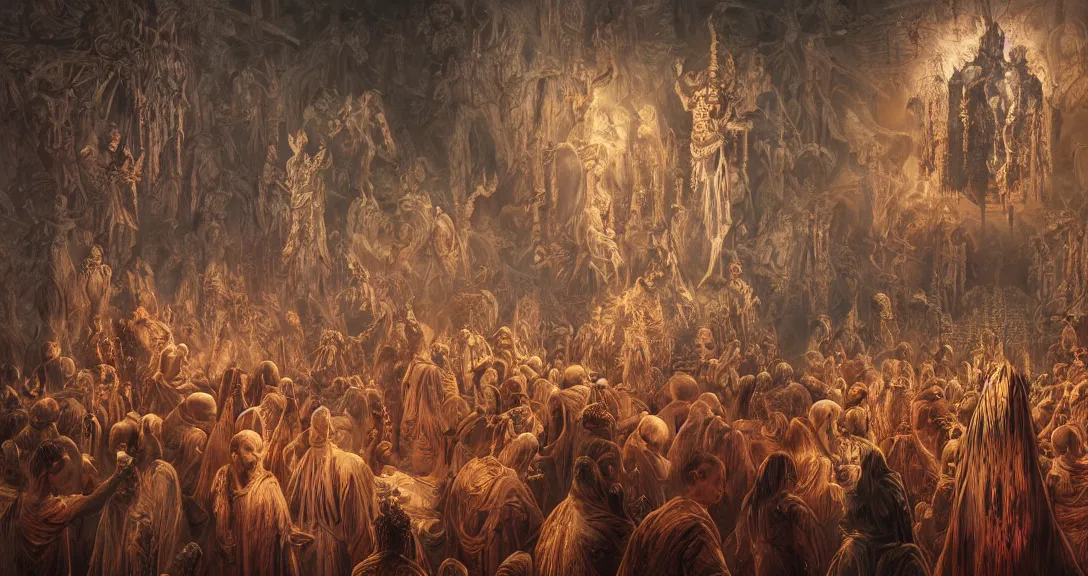 Prompt: hyper-detailed antique painting of a sacred undead ceremony, 8k, ultra detail, hyperrealism, science-fantasy, concept art, cinematic accent lighting, artstation, Zdzislaw Beksinski, Alexander Fedosov, Dan Mumford, muted color palette, soft light, divine proportion, digital oil painting rendered in vray, hyper-detailed