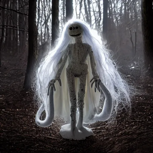 Image similar to humanoid ethereal ghostly live action muppet wraith like figure with a lightbulb for a head with two arms and four long tentacles for arms growing from its back that flow gracefully at its sides while it floats around the frozen woods searching for lost souls and that hide in the shadows in the trees, this character can control the ice, snow, shadows, and electricity, it is a real muppet by sesame street, photo realistic, real, realistic, felt, stopmotion, photography, sesame street, corpse bride tim burton