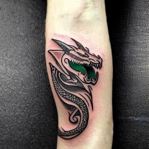 Image similar to Tattoo of a dragon starting from the elbow, wrapping around the wrist in a downward spiral, emerald placed inside of the dragons mouth, forearm tattoo