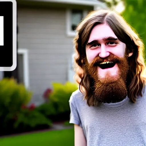 Image similar to bearded long - haired bo burnham outside of his house, smiling and dancing, ultra - realistic, 8 k