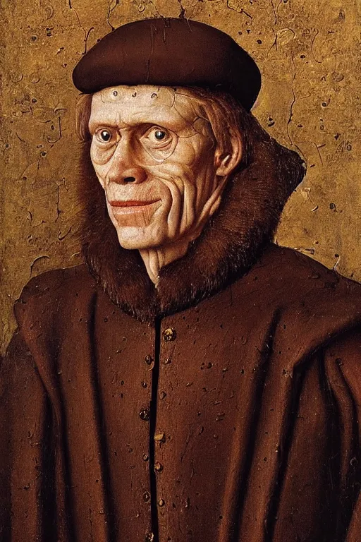 Image similar to portrait of willem dafoe with too many face wrinkles, oil painting by jan van eyck, northern renaissance art, oil on canvas, wet - on - wet technique, realistic, expressive emotions, intricate textures, illusionistic detail