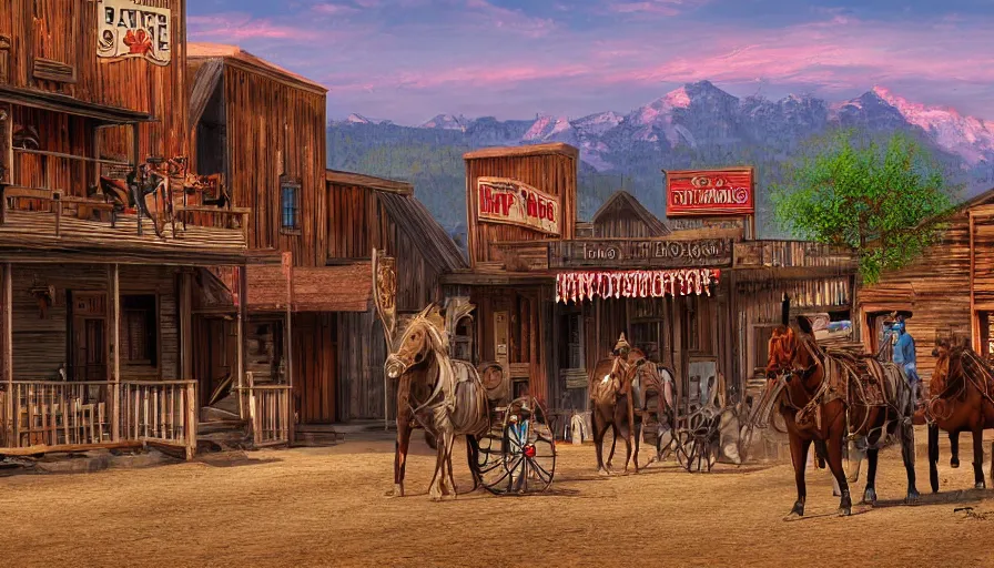 Image similar to an old west cowboy town, digital art, highly detailed, realistic, bright colors, 8 k
