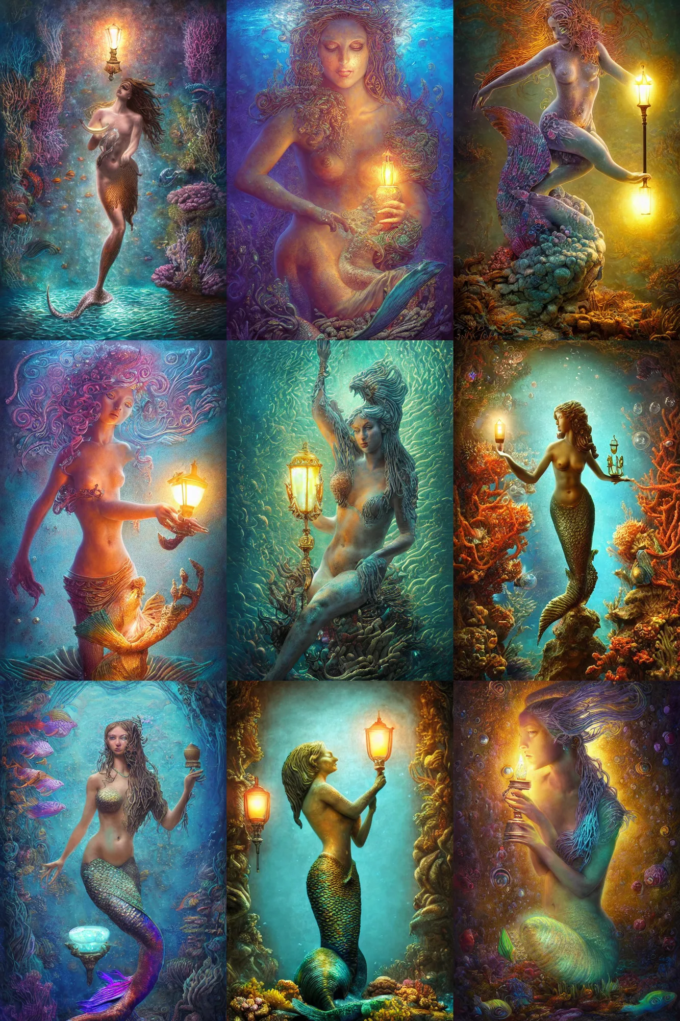 Prompt: a stunning ultra detailed underwater fantasy fine art photo of a stone statue of a mermaid holding a glowing lamp, surrounded by colorful fishes, by tomasz alen kopera and anna dittman, water bubbles, very detailed, deep depth of field, 5 0 mm lens, soft lighting, artstation, highly coherent, 8 k