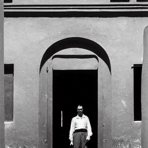 Prompt: a black and white photo of a man standing in front of a building by mario sironi, pinterest, remodernism, movie still, picasso, art deco