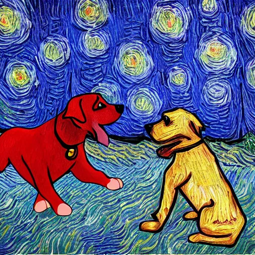 Image similar to dog in suit dancing, style of van gogh, 4k