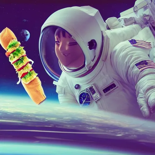 Image similar to a humanoid chicken!!!!! astronaut trying to eat a burger while floating inside of a space station, trending on artstation, cgsociety contest winner, 4 k quality, digital art, anime style, studio ghibli!!!!!