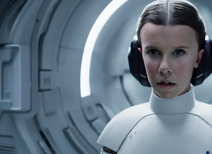 Image similar to film still of!!!! millie bobby brown!!! as princess leia in a white dress in star wars movie, closeup portrait, exploring interior of a spaceship, glamour pose, dramatic lighting, octane, mist, volumetric lighting, 8 k