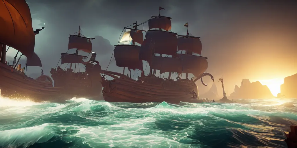 Image similar to sea of thieves screenshot, kraken, dark, storm, unreal engine, digital art