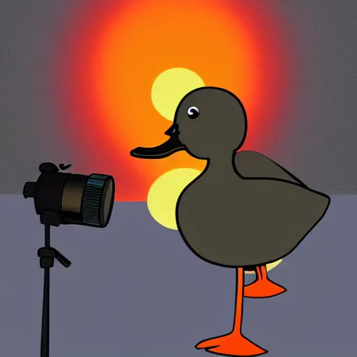 Prompt: a duck who's a photographer, duck is holding a camera, with sunset in the background, animated, digital art