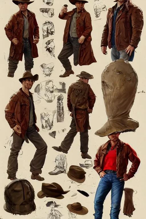 Prompt: character design, reference sheet, whole character, 40's adventurer, unshaven, optimistic, stained dirty clothing, straw hat, heavy boots, red t-shirt, dusty brown bomber leather jacket, detailed, concept art, photorealistic, hyperdetailed, , art by Leyendecker and frazetta,