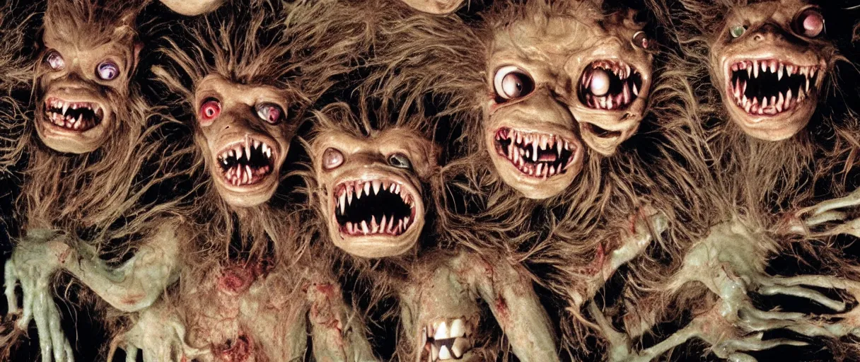 Prompt: filmic extreme wide shot movie still 4k UHD interior color photograph of multiple severed reanimated severed heads protruding out of a mutated abstract shape shifting organism with a variety of chimera animal limbs made of human internal organs, in the style of a horror film The Thing 1982