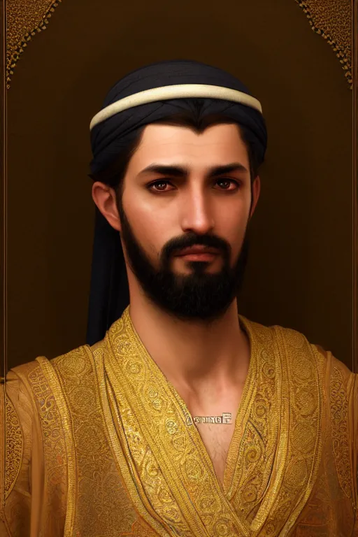 Prompt: a portrait of a arabian male prince, illustration, soft lighting, soft details, painting oil on canvas by Edmund Blair Leighton and Charlie Bowater octane render trending on artstation d&d characters, 4k, 8k, HD