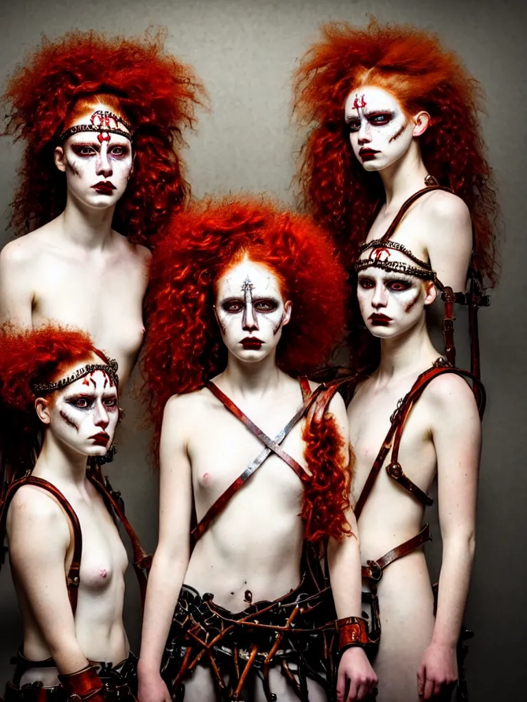 Prompt: two fierce looking beautiful young women warriors with curly red hair and symmetrical white makeup standing side by side, wrapped in leather straps, wearing an intricate head dress made from bones and leather, painted by turner, intricate linework, radiant light, detailed and intricate environment