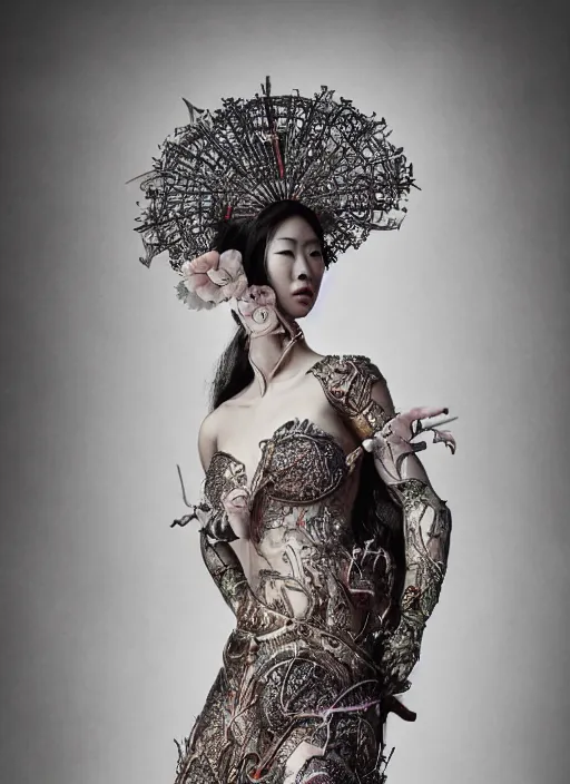 Prompt: a portrait of asian female by stefan geselle and nekro borja, photorealistic, intricate details, hyper realistic, fantasy, elegant, baroque, photorealistic, canon r 3, photography, wide shot, symmetrical features, symmetrical pose, wide angle shot, head to toe, standing pose, feet on the ground, wearable art