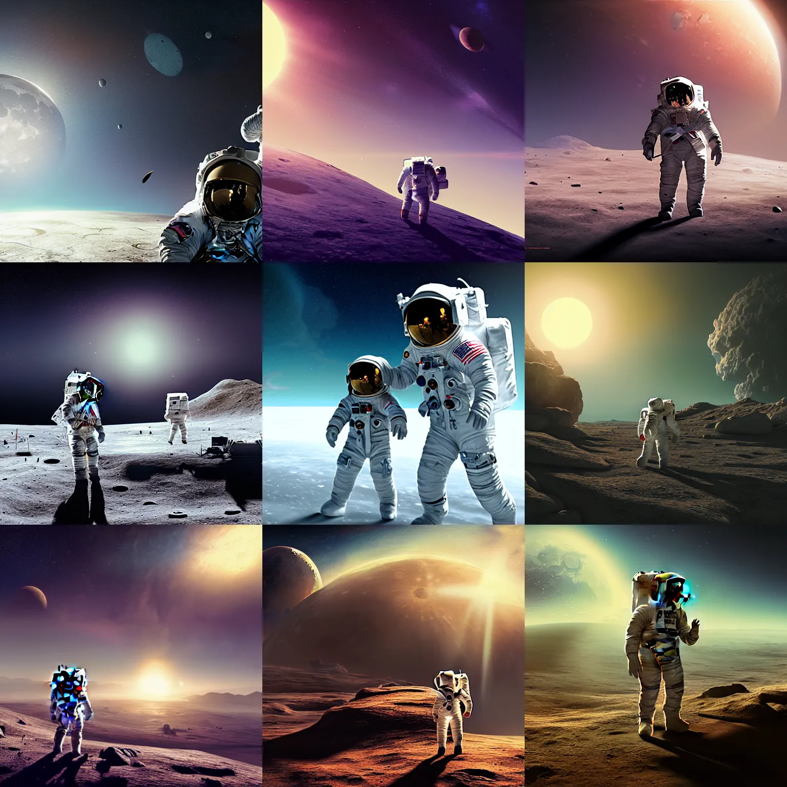 Prompt: one astronaut with his daughter on the moon, beautiful dynamic lighting, cinematic, wide angle establishing shot, extremely high detail, photo realistic, cinematic lighting, post processed, concept art, artstation, matte painting, style by frederic church, raphael lacoste, unreal engine 8 k