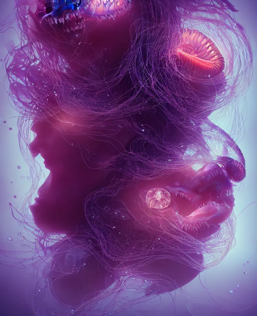 Image similar to beautiful female close-up portrait. orchid jellyfish, deep angler fish, phoenix head, nautilus, skull, betta fish, bioluminiscent creatures, intricate artwork by Tooth Wu and wlop and beeple. octane render, trending on artstation, greg rutkowski, xsullo, very coherent symmetrical artwork. cinematic, hyper realism, high detail, octane render, 8k