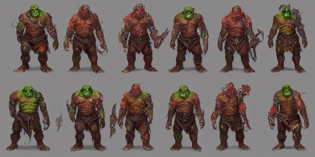 Image similar to different views of orcs, colourful intricate!! concept art by senior character artist, trending on artstation, full body character design