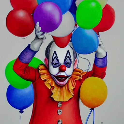 Image similar to Colored pencil art on paper, Clown with balloons fully body portrait, highly detailed, artstation, MasterPiece, Award-Winning, Caran d'Ache Luminance