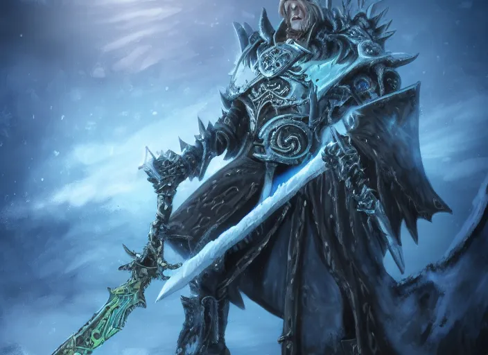 Image similar to the lich king with his mourneblade sitting on the frozen throne artwork by mendoza eddie, trending on artstation