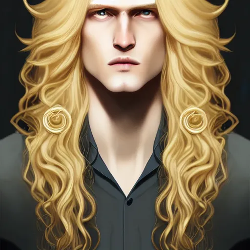 Image similar to Johan Liebert the pale blond androgynous god of the sun, highly detailed, very very very long curly golden blond hair, baroque curls, curtain bangs, central parted fringe, extremely luscious curly blond hair, very very very pale white skin, digital painting, artstation, concept art, soft light, sharp focus, illustration