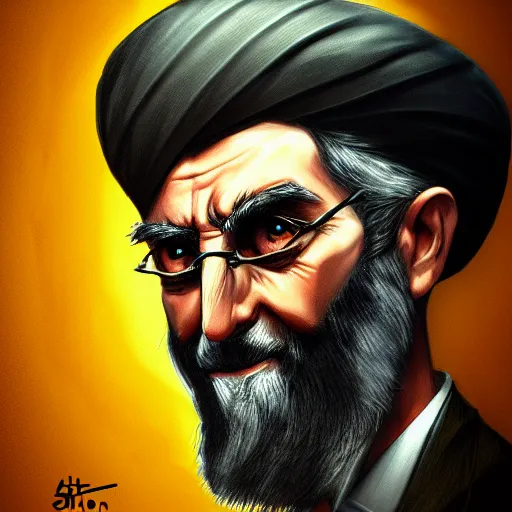 Prompt: potrait of khamenei looking like demon, miserable, horror, dark high detail, sharp high detail, artstation, felix englund, dark atmosphere, artstation