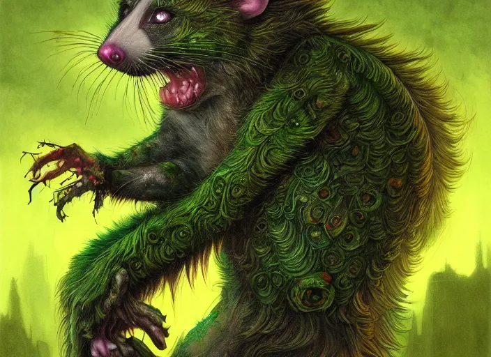 Image similar to full-body portrait of a anthro green zombie opossum fursona with long dark hair. Ruined stormy city. Glorious sun beams, intricate, elegant, highly detailed, digital painting, short focus, illustration, Allan Lee, John Howe