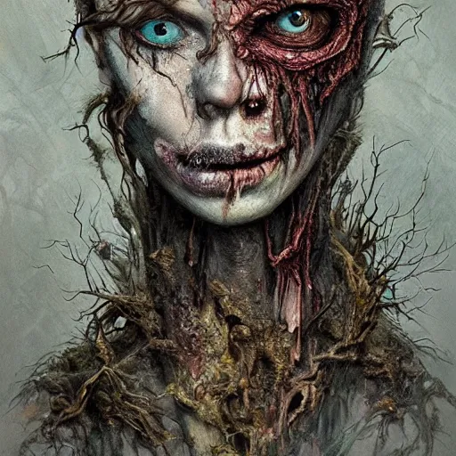 Image similar to realistic portrait undead creature made of rotting driftwood and moss. heald together by spiderwebs and fungi, dungeons and dragons, by Elodie Mondoloni, detailed intricate ink illustration, dark atmosphere, detailed illustration, hd, 4k, digital art, overdetailed art, concept art, by greg rutkowski, by loish, complementing colors, Trending on artstation, deviantart