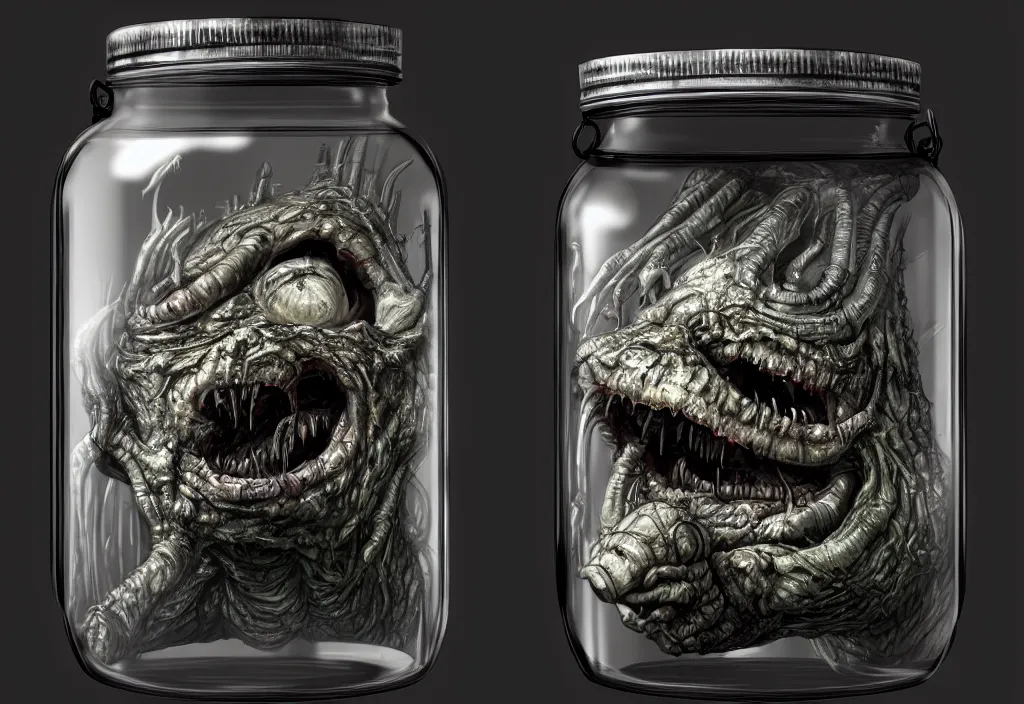 Image similar to Photorealistic miniature monster inside a jar on clean background by H.R. Giger, KDA and Sam Yang, trending on artstation