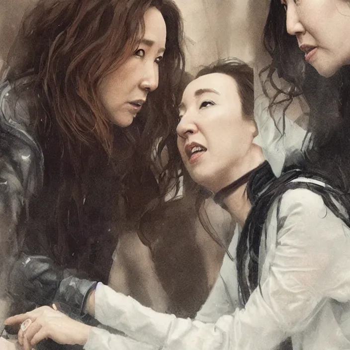 Image similar to jodie comer and sandra oh making out scene in tv series kill eve by greg rutkowski