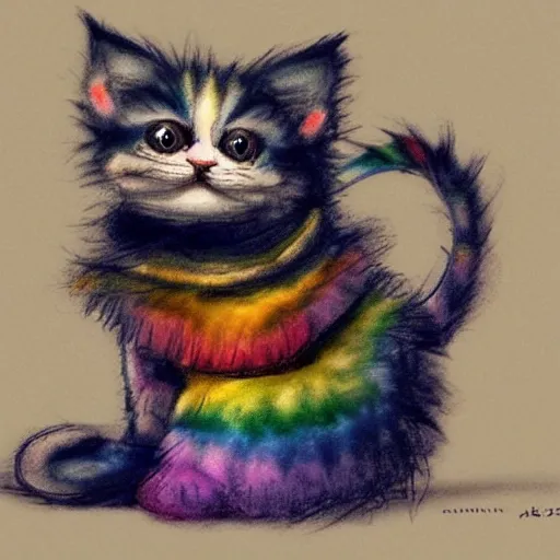 Image similar to wide angle full body, of a fluffy cute rainbow kitten wearing a black leather motorcycle jacket, concept art