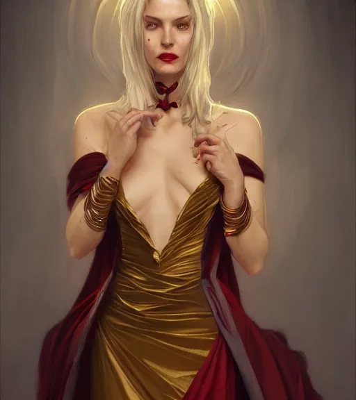 Image similar to a vampire wearing a golden dress, grey hair, red necktie, cinematic, stunning, highly detailed, digital painting, artstation, smooth, hard focus, full body shot, illustration, art by artgerm and greg rutkowski and alphonse mucha