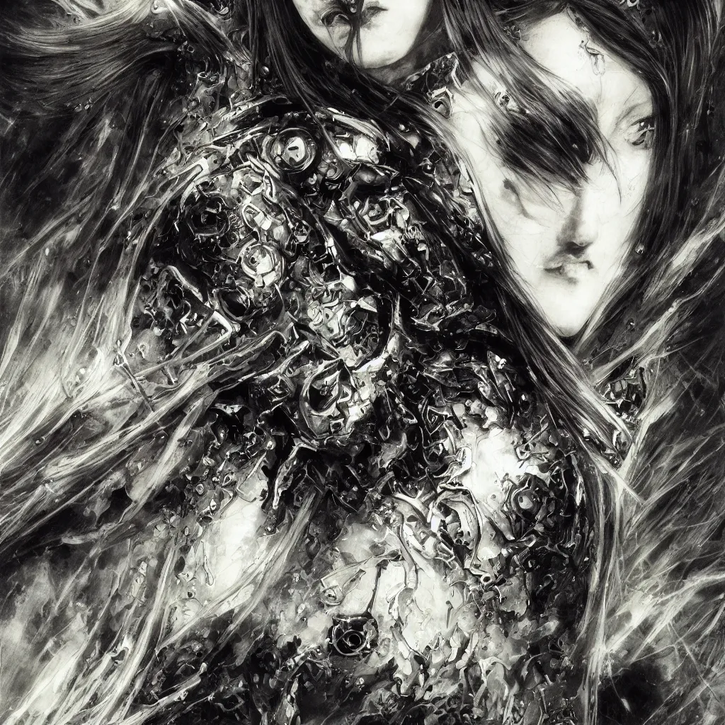 Image similar to Yoshitaka Amano realistic illustration of an anime girl with wavy white hair and cracks on her face wearing Elden ring armour with the cape fluttering in the wind, abstract black and white patterns on the background, noisy film grain effect, highly detailed, Renaissance oil painting, weird portrait angle