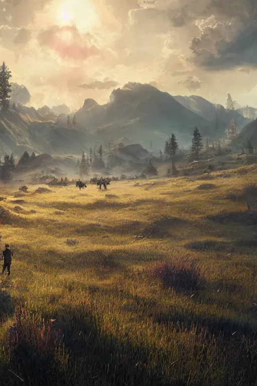 Image similar to A endless beuatiful meadow by Greg Rutkowski, Sung Choi, Mitchell Mohrhauser, Maciej Kuciara, Johnson Ting, Maxim Verehin, Peter Konig, final fantasy , 8k photorealistic, cinematic lighting, HD, high details, atmospheric,