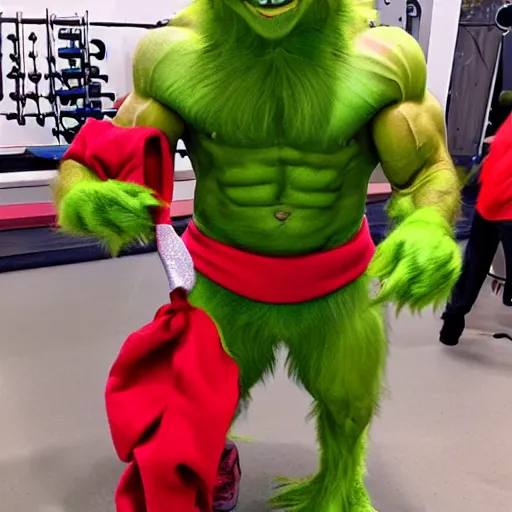 Prompt: The Grinch is a jacked muscle builder gigachad