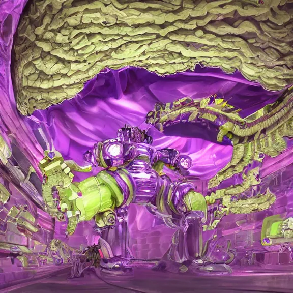 Image similar to detailed shot inside a goddess mecha dragon's cavernous living stomach, the walls purple, ribbed, and pulsing, slimy and hot, lots of acid pooling up on the floor, digesting a bunch humans that ended up inside, food pov, micro pov, vore, digital art, furry art, high quality, 8k 3D realistic, macro art, micro art, Furaffinity, Deviantart, Eka's Portal, G6