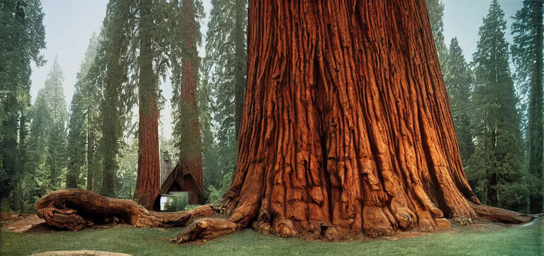 Image similar to house built into and inside a single giant sequoia. color photograph by jerry uelsmann. fujinon premista 1 9 - 4 5 mm t 2. 9. portra 8 0 0.