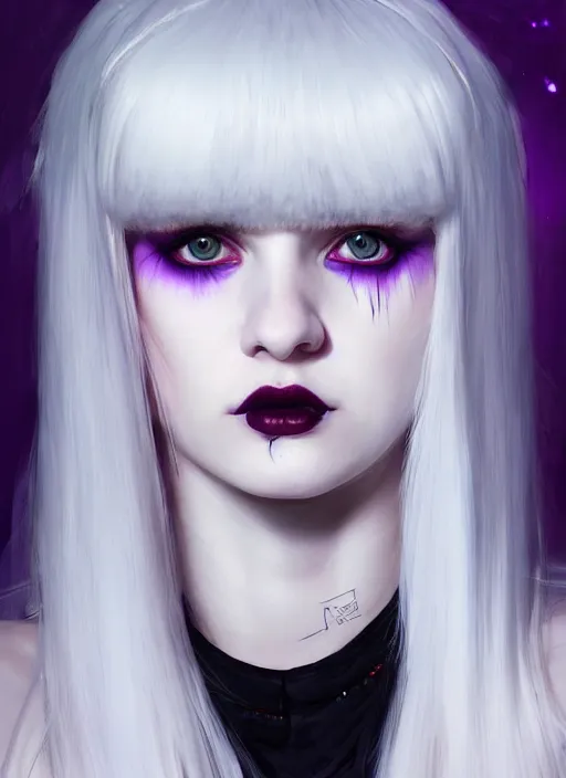 Image similar to portrait of white teenage girl, normal face, white bangs, mall goth, cyberlox, black and white hair, bangs, fluffy bangs, red contact lenses, purple lipstick, intricate, elegant, highly detailed, digital painting, artstation, concept art, sharp focus, smooth, illustration, art by wlop, mars ravelo and greg rutkowski