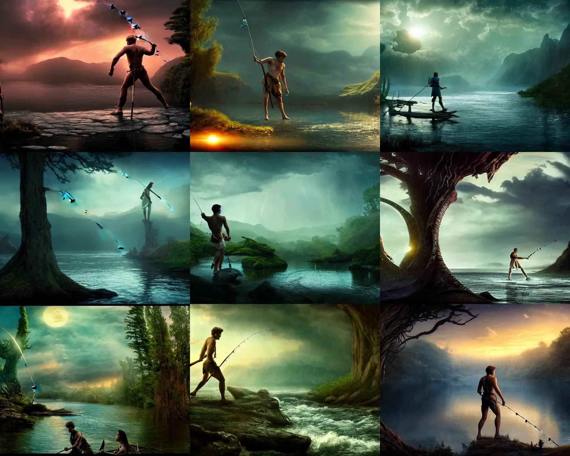 Prompt: fantasy movie frame, panorama, a shining achilles fishing in the magic river styx, at night, magic, universal pictures, wide shot, surreal, deep