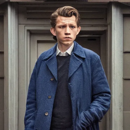 Image similar to tom holland as a rough dirty old man with a scruffy beard in a dark blue trenchcoat as the new doctor who, cinematic, volumetric lighting, f 8 aperture, cinematic eastman 5 3 8 4 film, photorealistic