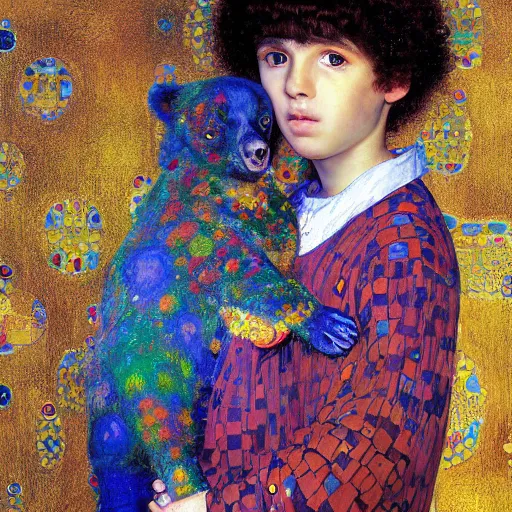 Prompt: painting of vivid colors middle eastern boy child with a pet bear gustav klimt wallpaper by android jones detailed matte painting 8 k