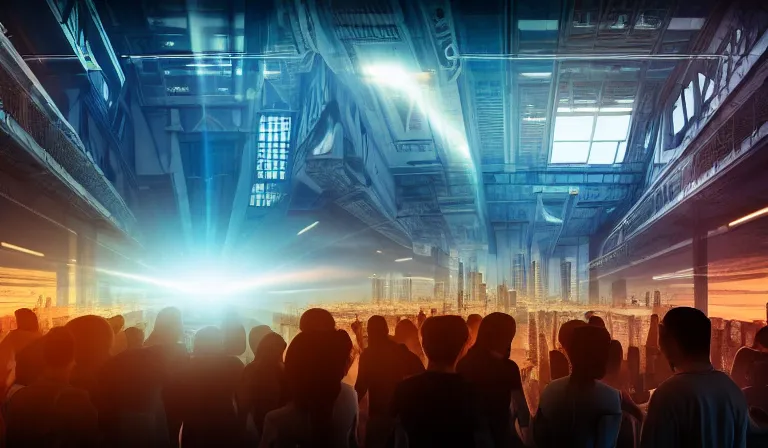 Image similar to crowd of people in simple warehouse, looking at hologram of futuristic city on a table, cinematic concept art, godrays, golden hour, natural sunlight, 4 k, clear details, tabletop model buildings, center model buildings, hologram center, crane shot, crane shot, crane shot