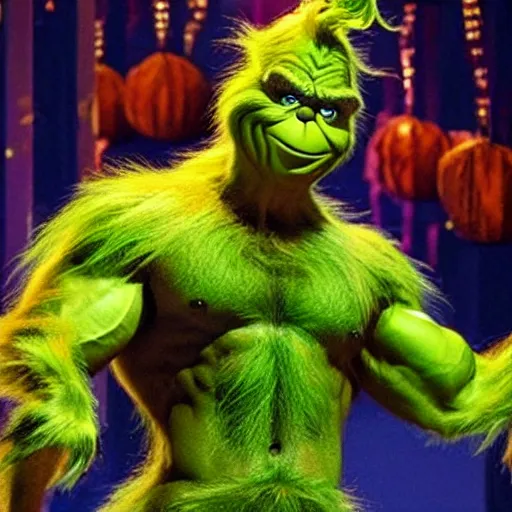 Prompt: The Grinch is a jacked muscle builder gigachad