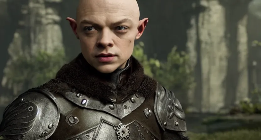 Prompt: promotional image of dane dehaan as a bald elf in dragon age : inquisition, hyperrealistic, detailed face, movie still, promotional image, imax 7 0 mm footage