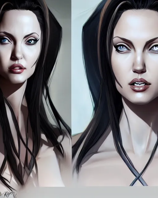 Image similar to capcom character, anime portrait of angelina jolie, highly detailed, digital painting, artstation, character, concept art, smooth