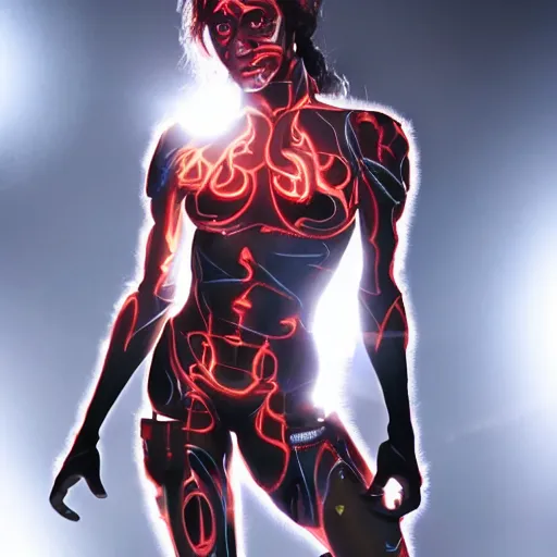 Prompt: an attractive cyborg female clone with laser eyes and full body paint, cinematic lighting