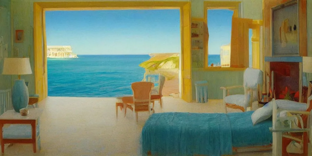 Prompt: rooms by the sea by edward hooper, colorful, hyper realistic