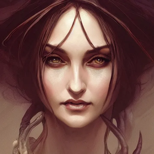 Image similar to A witch, closeup, D&D, intricate, elegant, highly detailed, digital painting, artstation, concept art, matte, sharp focus, illustration, art by Artgerm and Greg Rutkowski and Alphonse Mucha]