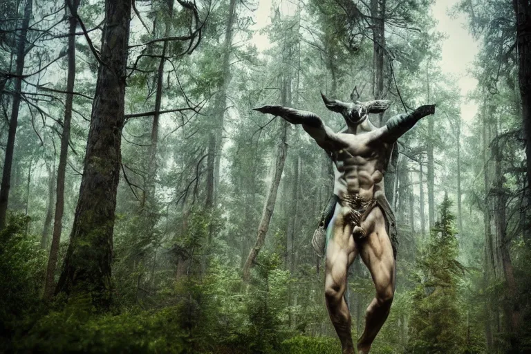 Image similar to mythological creature standing in a swedish forest very low angle photograph trending on artstation