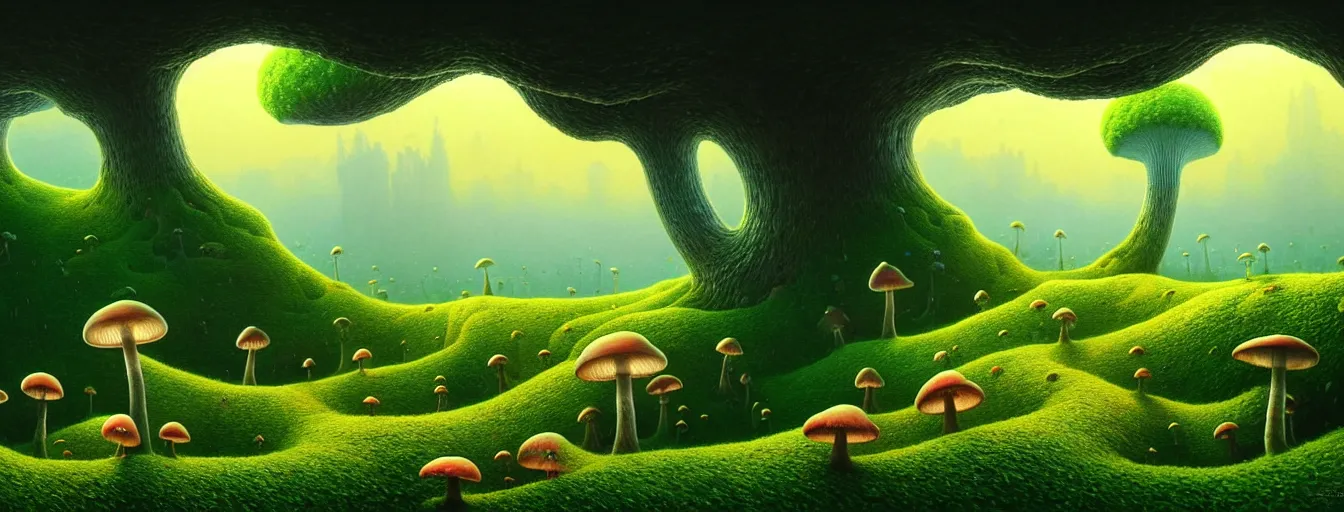 Image similar to gediminas pranckevicius beautiful and stunning professional digital artwork of a glowing mushroom cave, haze, spores floating in the air, vines, water, volumetric lighting, hyperrealistic, rtx on, ultra detail, barlowe wayne, maxfield parrish and marco mazzoni, miniature | no signature!